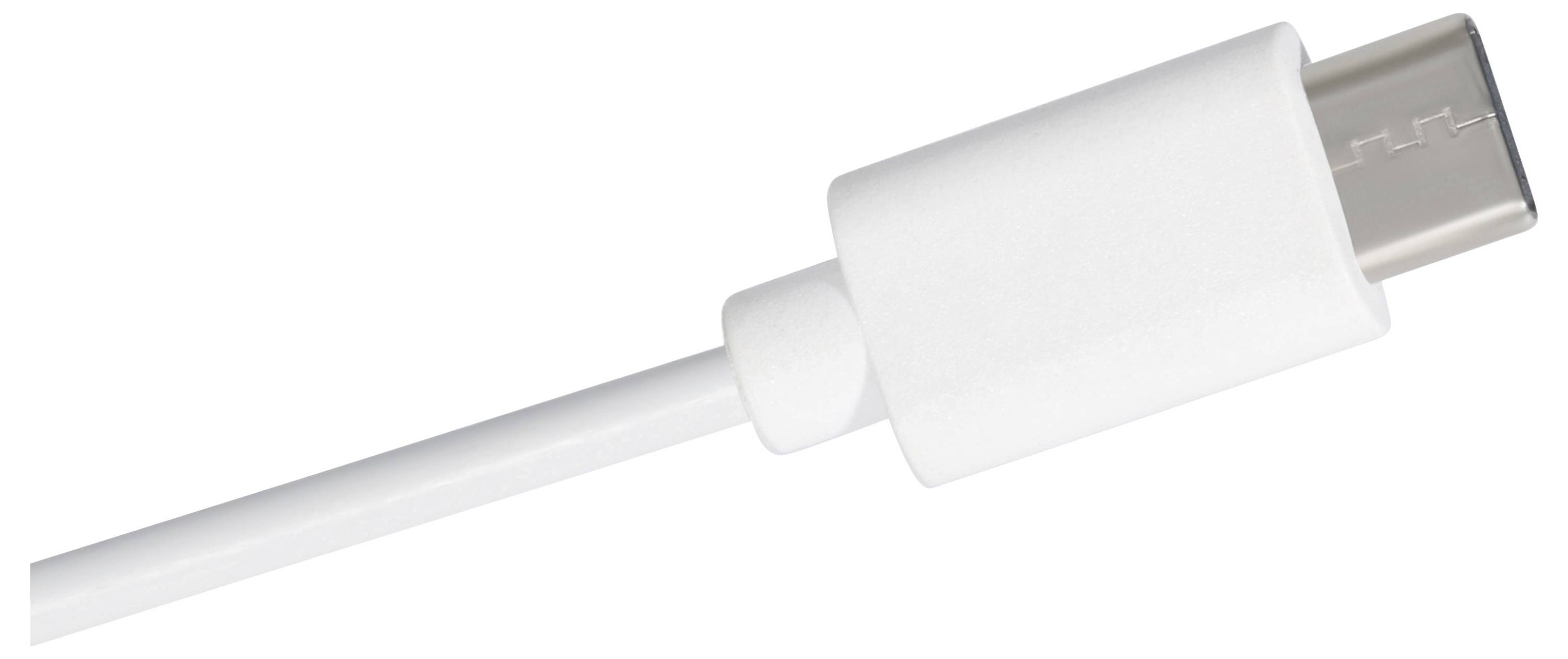 Zblízka snímok bieleho konektora nabíjacieho kábla USB-C s bielym ochranným prvkom proti ohybu na jednoduchom pozadí.