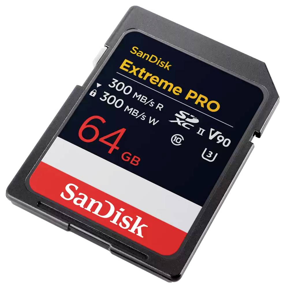 SanDisk Extreme PRO 64 GB SD pamäťová karta s označením rýchlostí čítania a zápisu 300 MB/s a hodnotením UHS-II/V90.