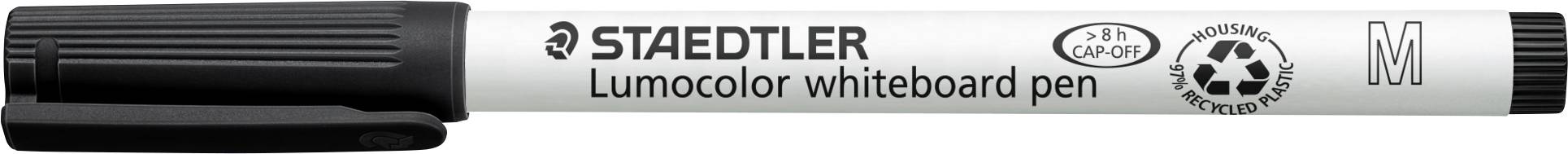 STAEDTLER Lumocolor popisovač na bielu tabuľu, čierny značkovací popis s uzatvoreným koncom zobrazený horizontálne na bielom pozadí.
