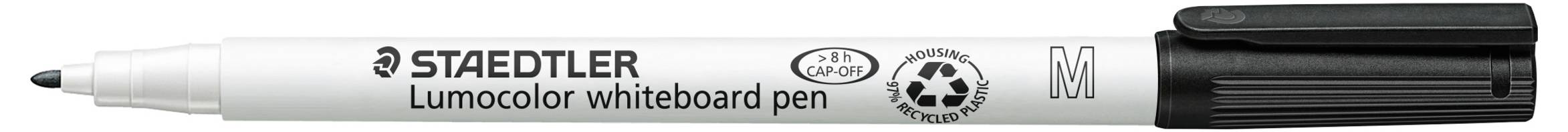 Biela fixka STAEDTLER Lumocolor na tabuľu s čiernym uzáverom a jemným hrotom, znázornená horizontálne s názvom značky na zapaľovači.