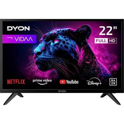 DYON 22-palcový Full HD smart TV s VIDAA, zobrazený s logami streamovacích aplikácií Netflix, Prime Video, YouTube, Disney+ a DAZN.