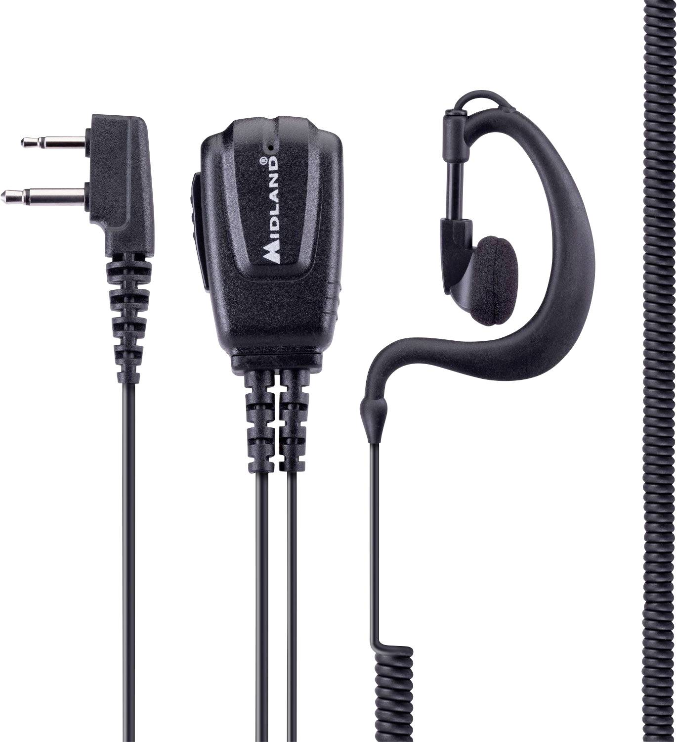 Čierna obojsmerná rádiová slúchadlá s mikrofónom, skrúteným kábľom a audio zástrčkou s ľavým uhlom.