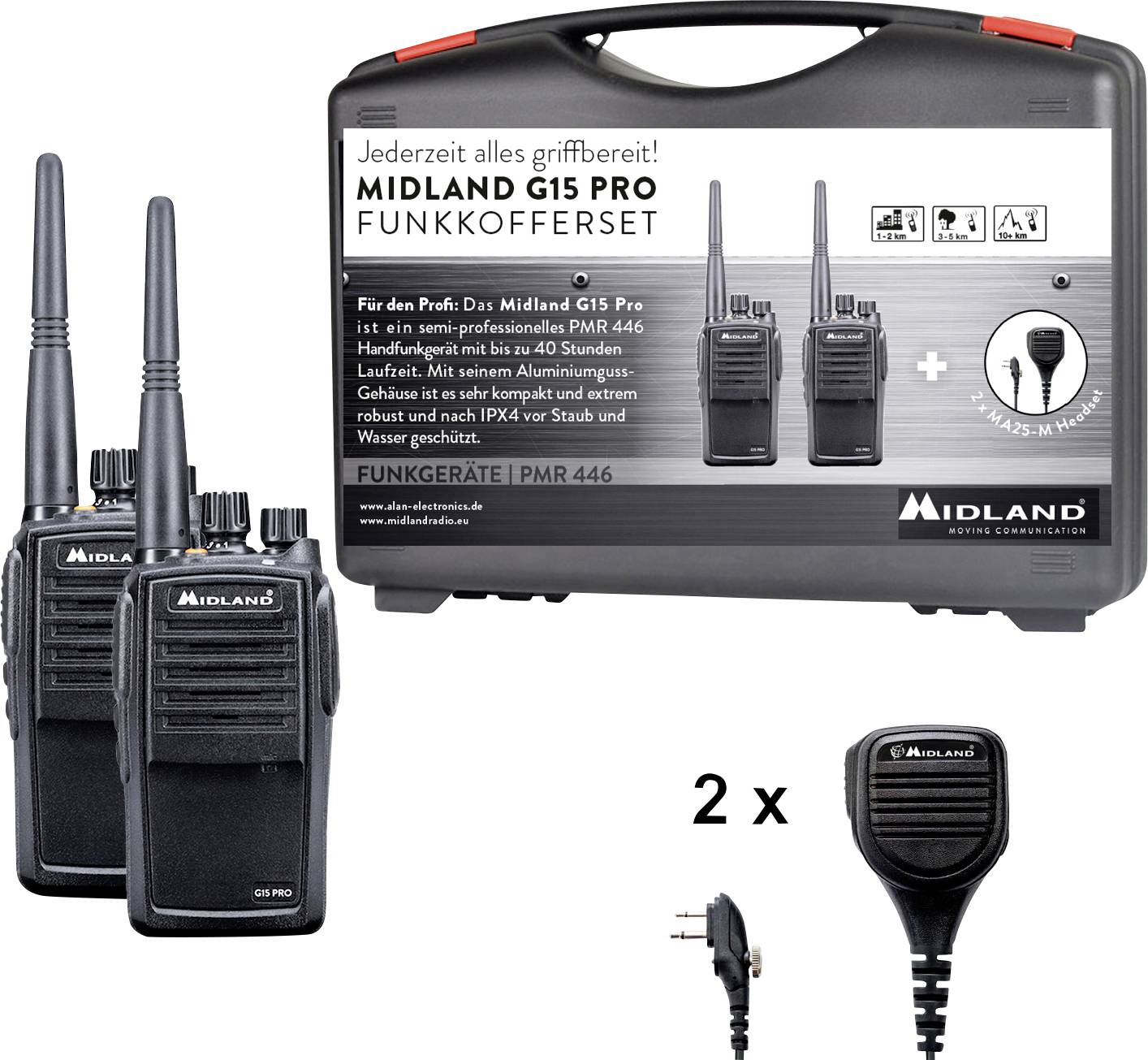 Produktový obrázok sady Midland G15 Pro vysielačiek: dve ručné rádiá, nabíjacie príslušenstvo a prenosný obal označený "MIDLAND G15 PRO FUNKKOFFERSET".