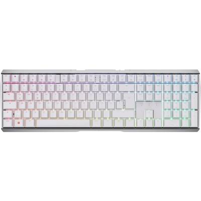 Plnoveľkosťová biela mechanická klávesnica s RGB podsvietením, vrátane číselnej klávesnice a kompaktného navigačného klastra.