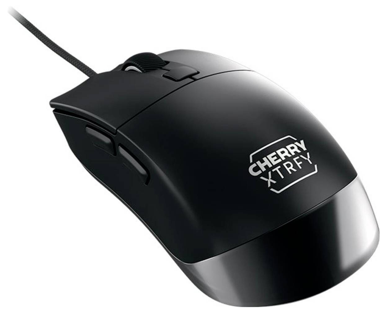 Čierna CHERRY XTRFY drôtovaná počítačová myš so skroľovacím kolieskom a bočnými tlačidlami na bielom pozadí.