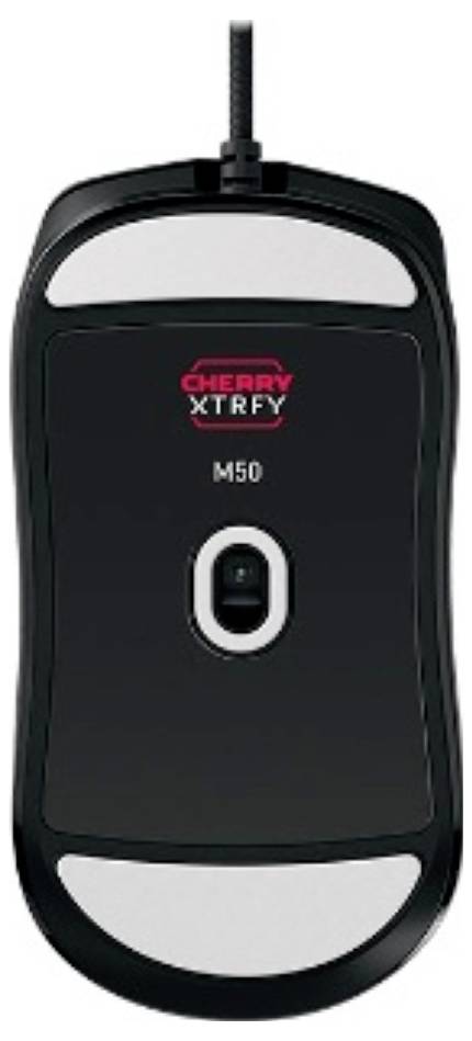 Čierna myš CHERRY XTRFY M50 s drôtom zobrazená zhora so stredom kolieska na posúvanie a logom.