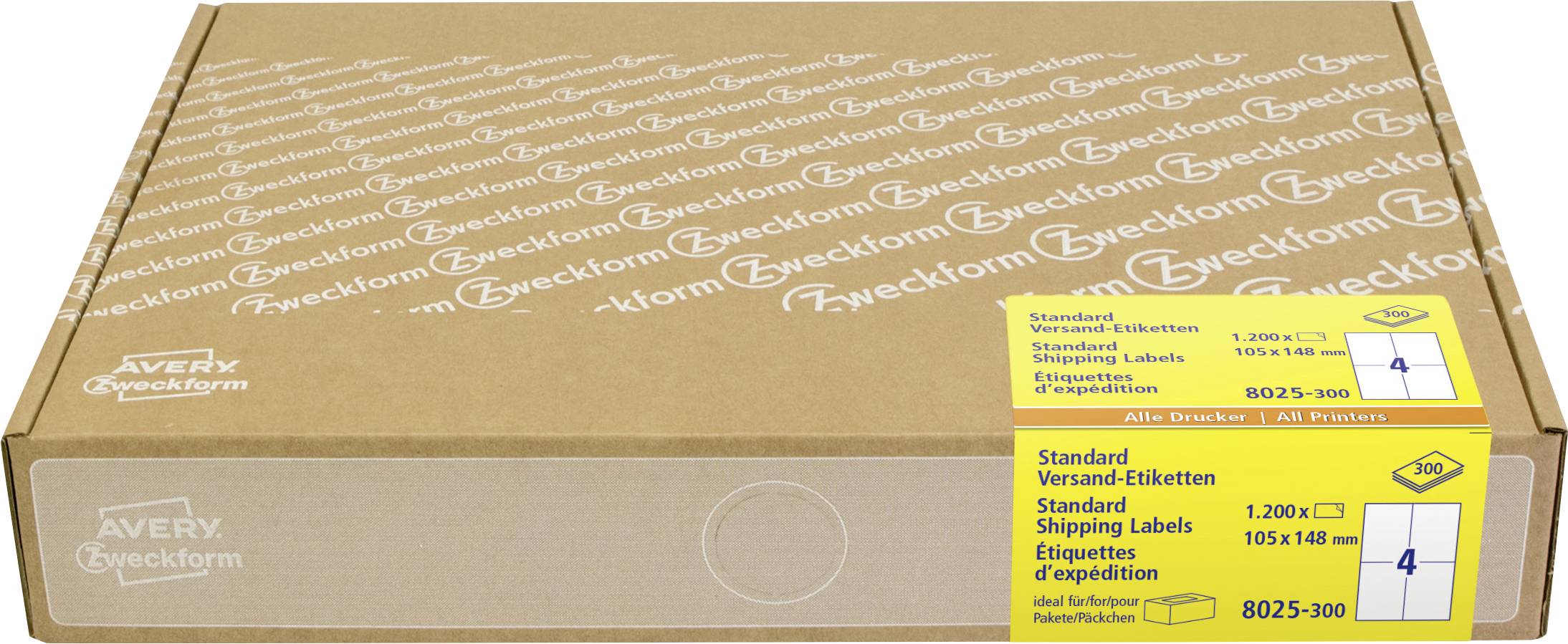 Kartónová poštovná krabica s vytlačenými etiketami Avery Zweckform na vrchu a žltou etiquetou produktu pre štandardné poštovné etikety, veľkosť 105 x 148 mm, balení 1 200 kusov.