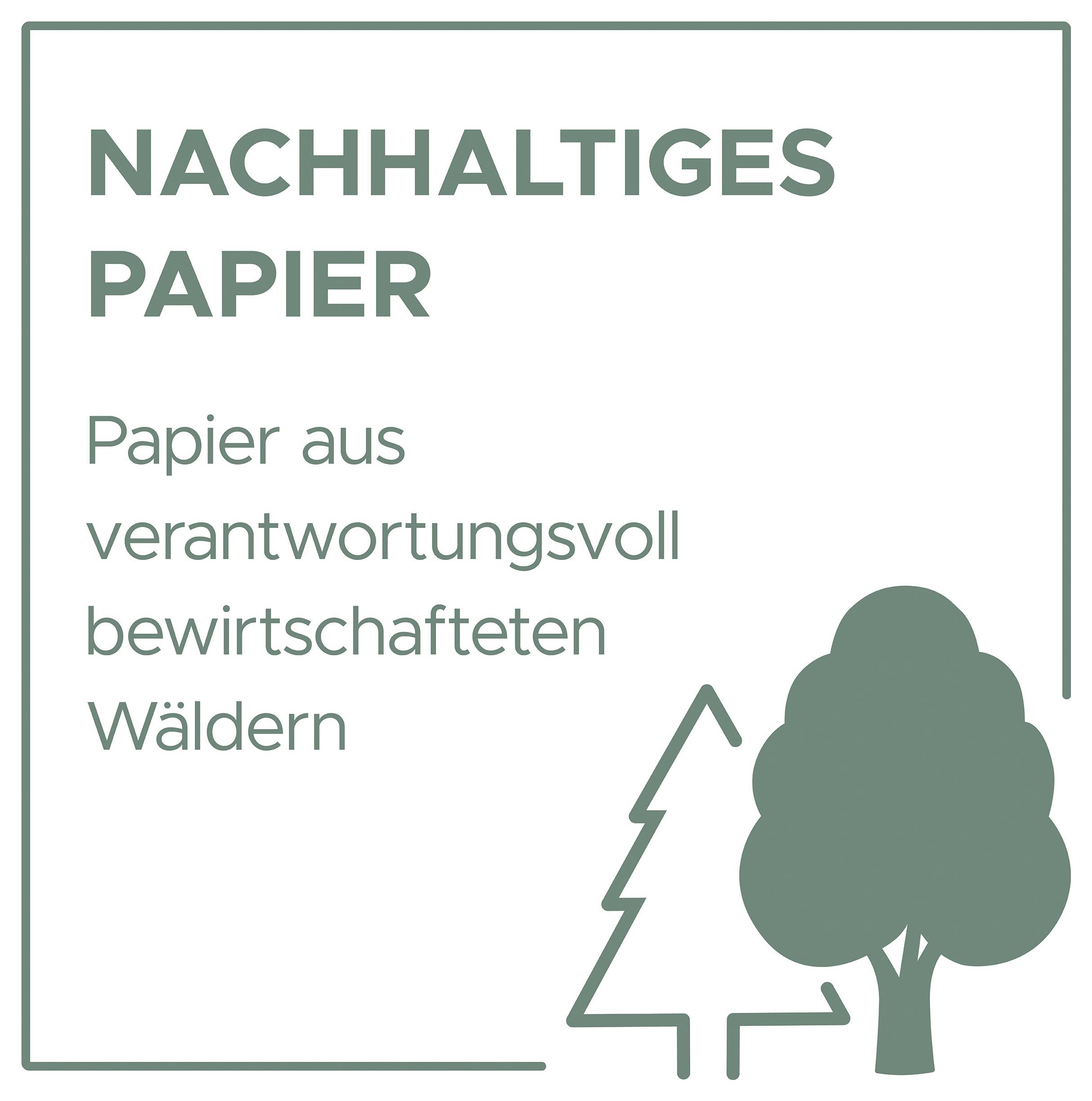 Grafika s nápisom „UDRŽATEĽNÝ PAPIER" a „Papier z zodpovedne hospodárených lesov", vedľa toho štylizované symboly stromov a smrekov.