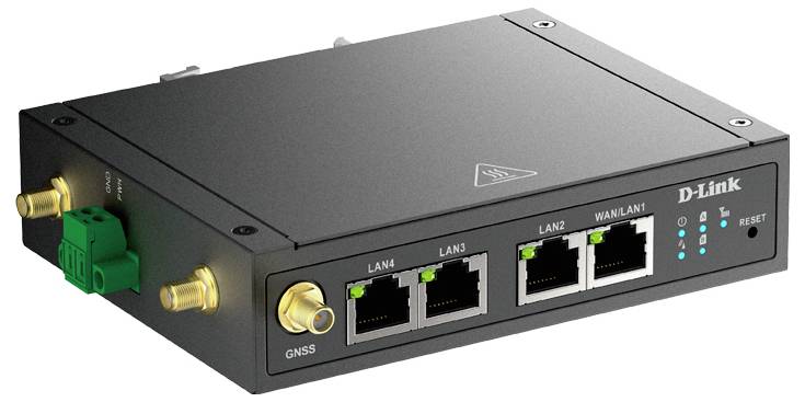 D-Link priemyselný sieťový smerovač so štyrmi portami Ethernet, dvomi konektormi antén a indikačnými LED diódami na prednom paneli.