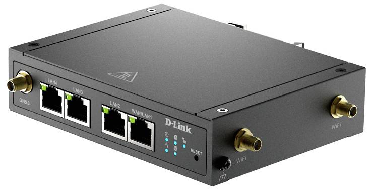 Čierny router/modem D-Link so štyrmi portmi Ethernet, konektormi na antén a stavovými indikátorov sprednej strane na bielom pozadí