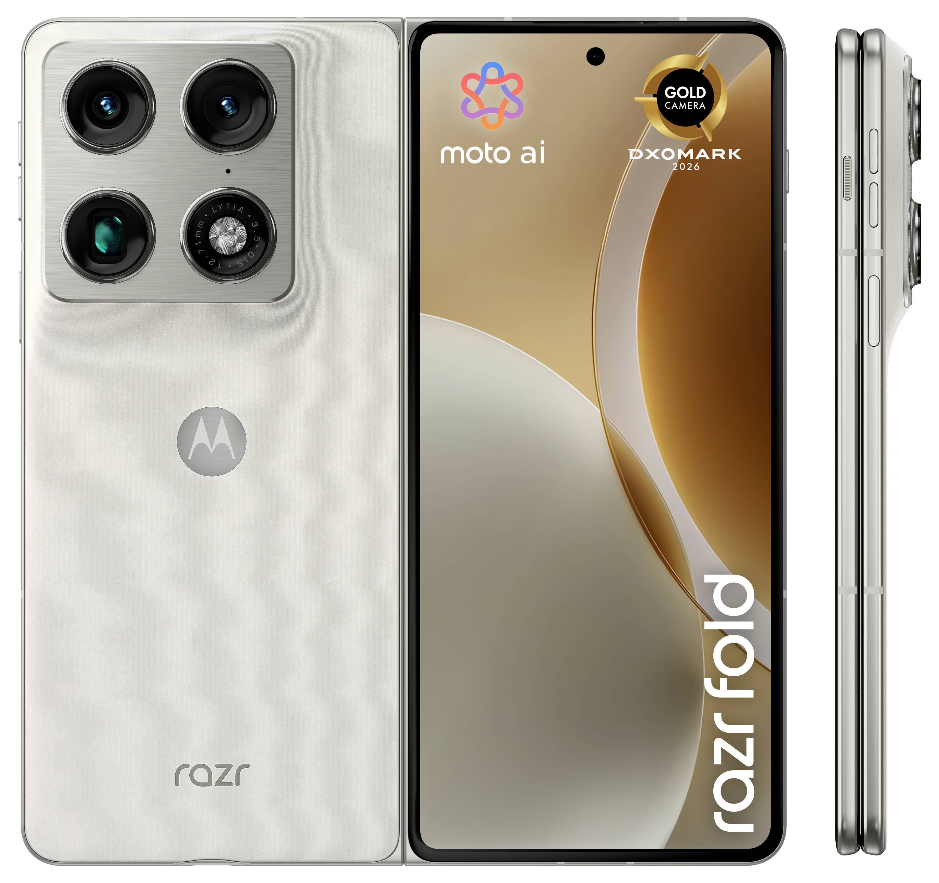 Motorola Razr skladací telefón zobrazený spredu, zozadu a z boku v béžovej farbe, s trojitým zadným fotoaparátom a branding displeja "razr fold".