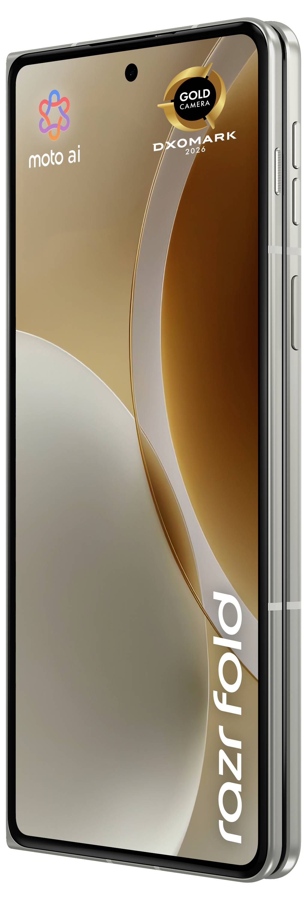 Strieborný telefón Motorola Razr Fold zobrazený zatvorený, s branding Moto AI, odznakom „Gold Camera" DxOMark a textom „razr fold" na displeji.