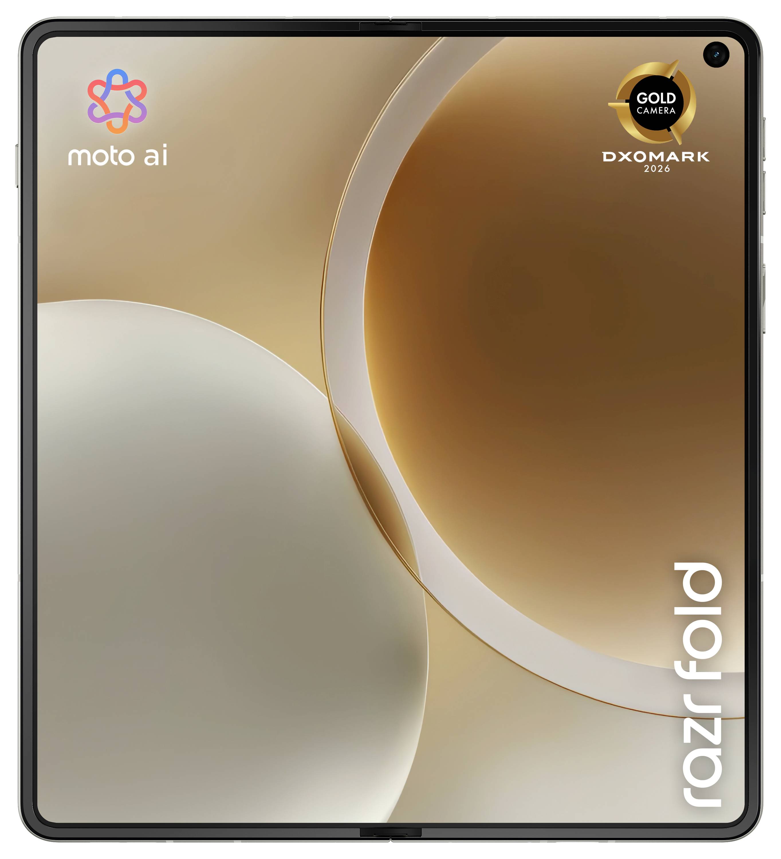 Motorola Razr Fold smartfón s predným displejom s značením moto ai a odznakom DXOMARK Gold Camera, zobrazujúcim béžové abstraktné pozadie.