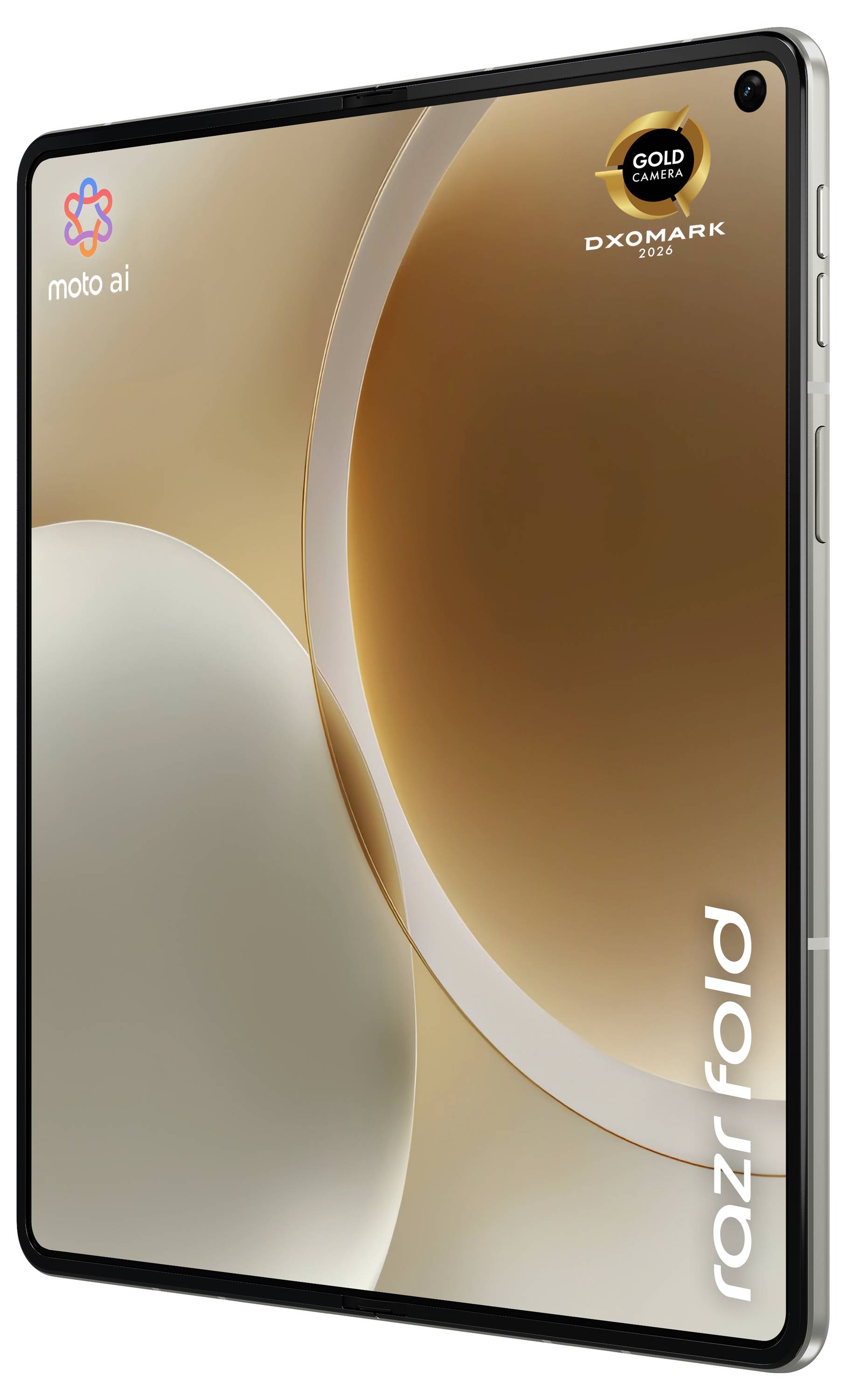 Rozložiteľný telefón Motorola Razr znázornený v otvorenom stave s brandingom „moto ai" a textom „razr fold" na zlatom abstraktnom tapete.