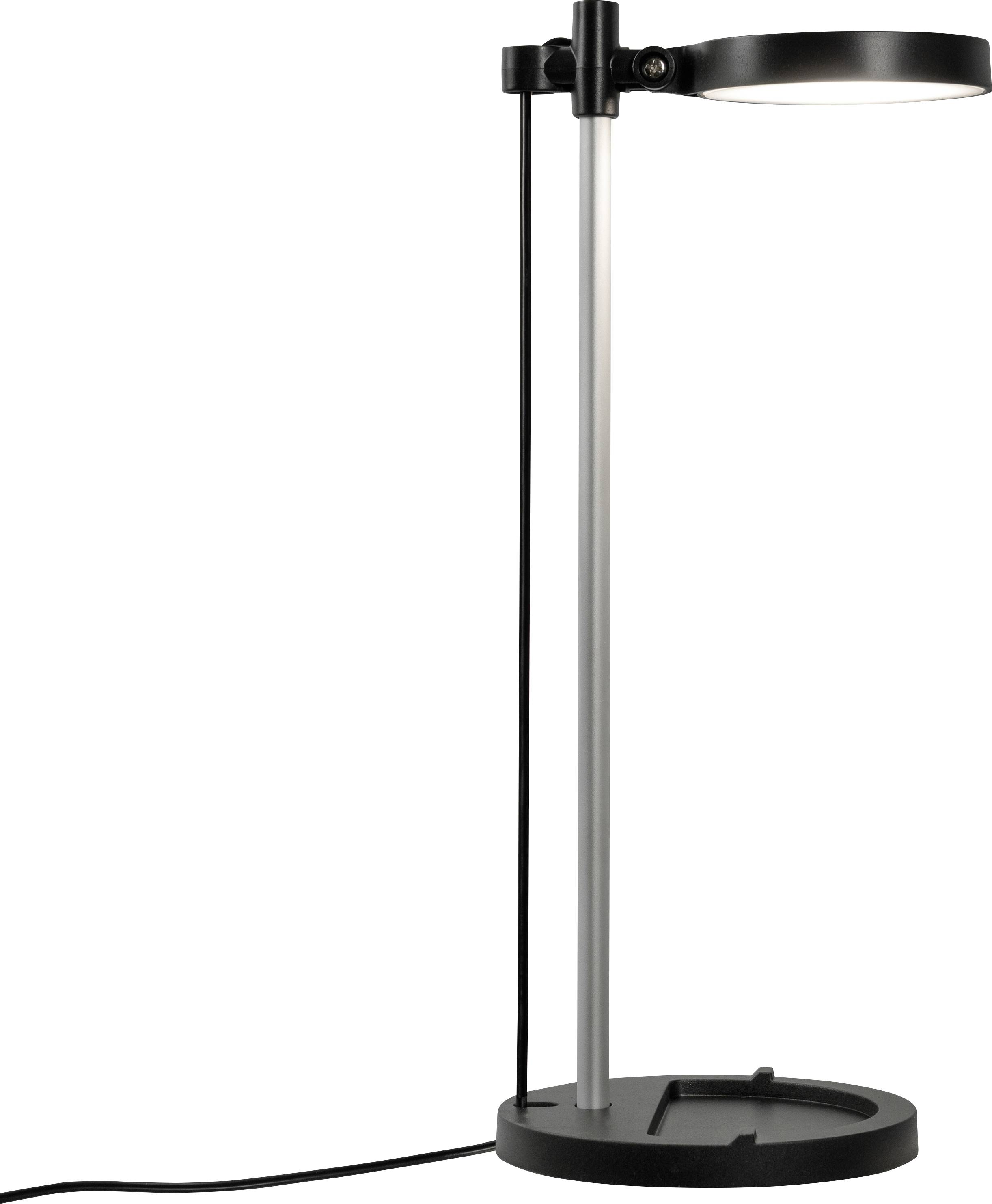 Moderná čierna a strieborná stolová lampa so guľatou podstavou, vzpriameným stojalom a nastaviteľnou horizontálnou svetelnou hlavou; viditeľný napájací kábel.