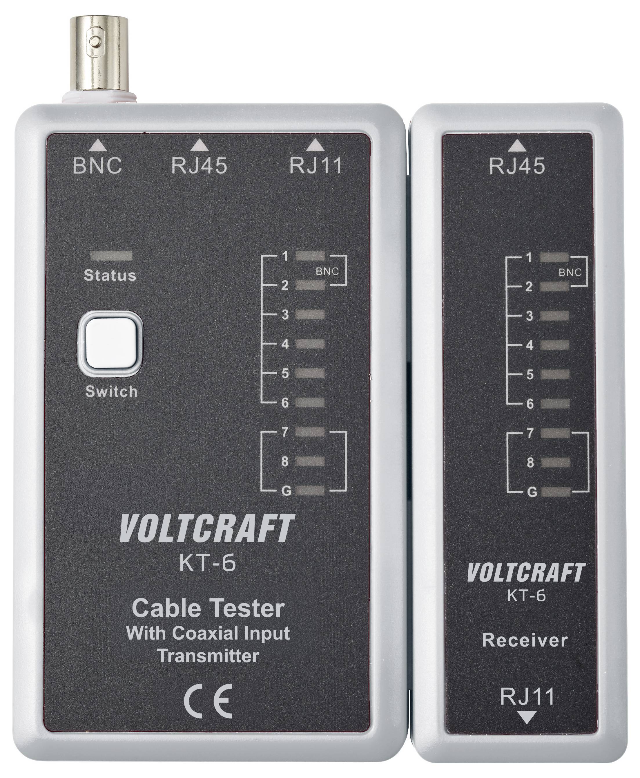 Sada kabelového testera Voltcraft KT-6 s vysielačom a prijímačom s portmi BNC, RJ45 a RJ11 a indikátormi stavu.