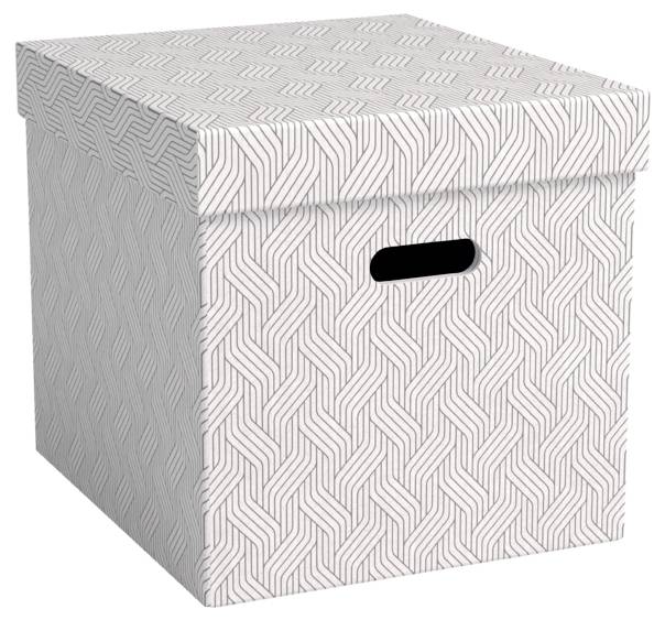 Úložná škatuľa s vzorom, vekom a oválnym výrezom na úchop, zobrazená v svetlosivej a bielej farbe.