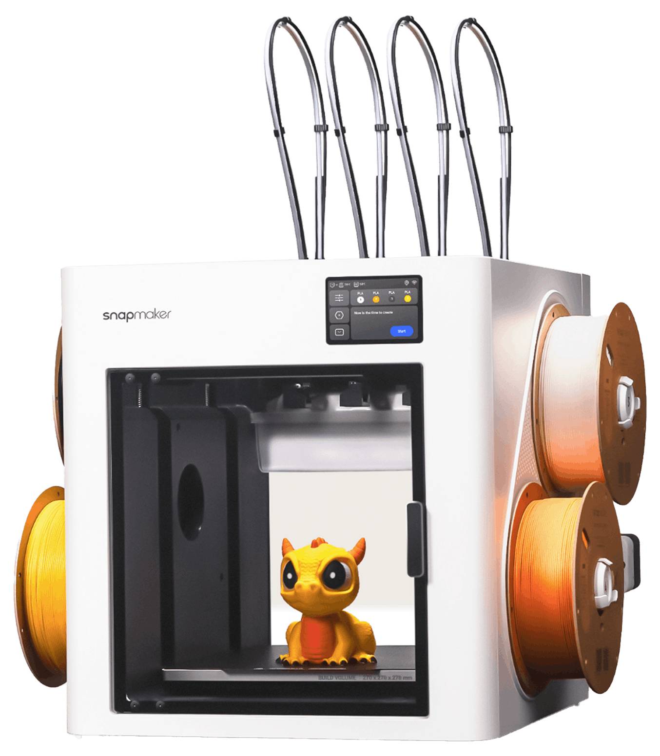 3D tlačiareň so štyrmi cievkami filamentu tlačí malú oranžovú figúrku vnútri svojej otvorenej tlačiacej komory.
