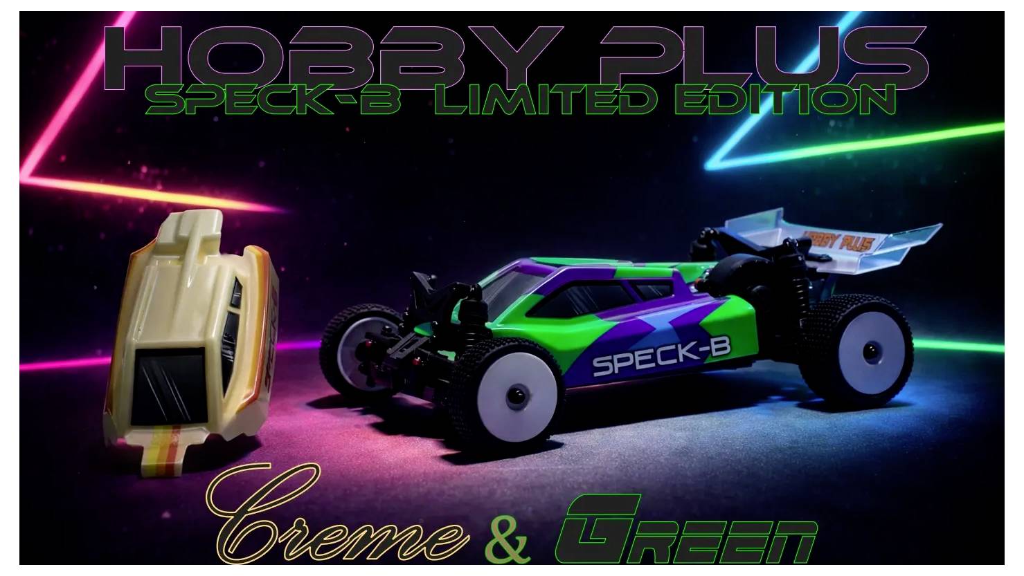 Propagačná grafika pre RC buggy 'HOBBY PLUS' 'SPECK-B LIMITED EDITION', zobrazujúca béžovú a zelenú verziu s značkou 'Krém & Zelená'.