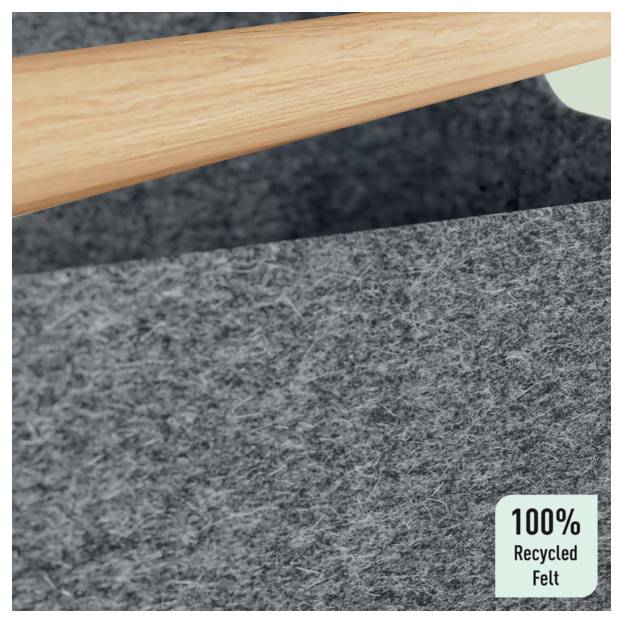 Zblízka snímok vrstvených materiálov so sivým plstením označeným "100% Recyklované Plstenie" v pravom dolnom rohu.