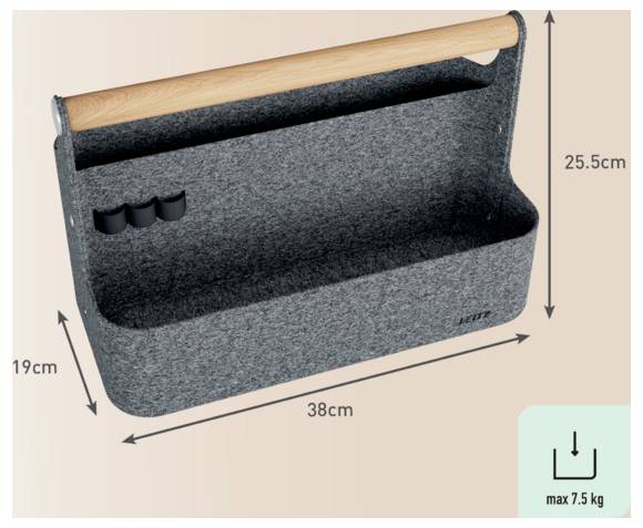 Sivá filcová úložná caddy s dreveným držadlom, zobrazená s rozmermi 38 cm širokosti, 25,5 cm výšky a 19 cm hĺbky; maximálne zaťaženie 7,5 kg.
