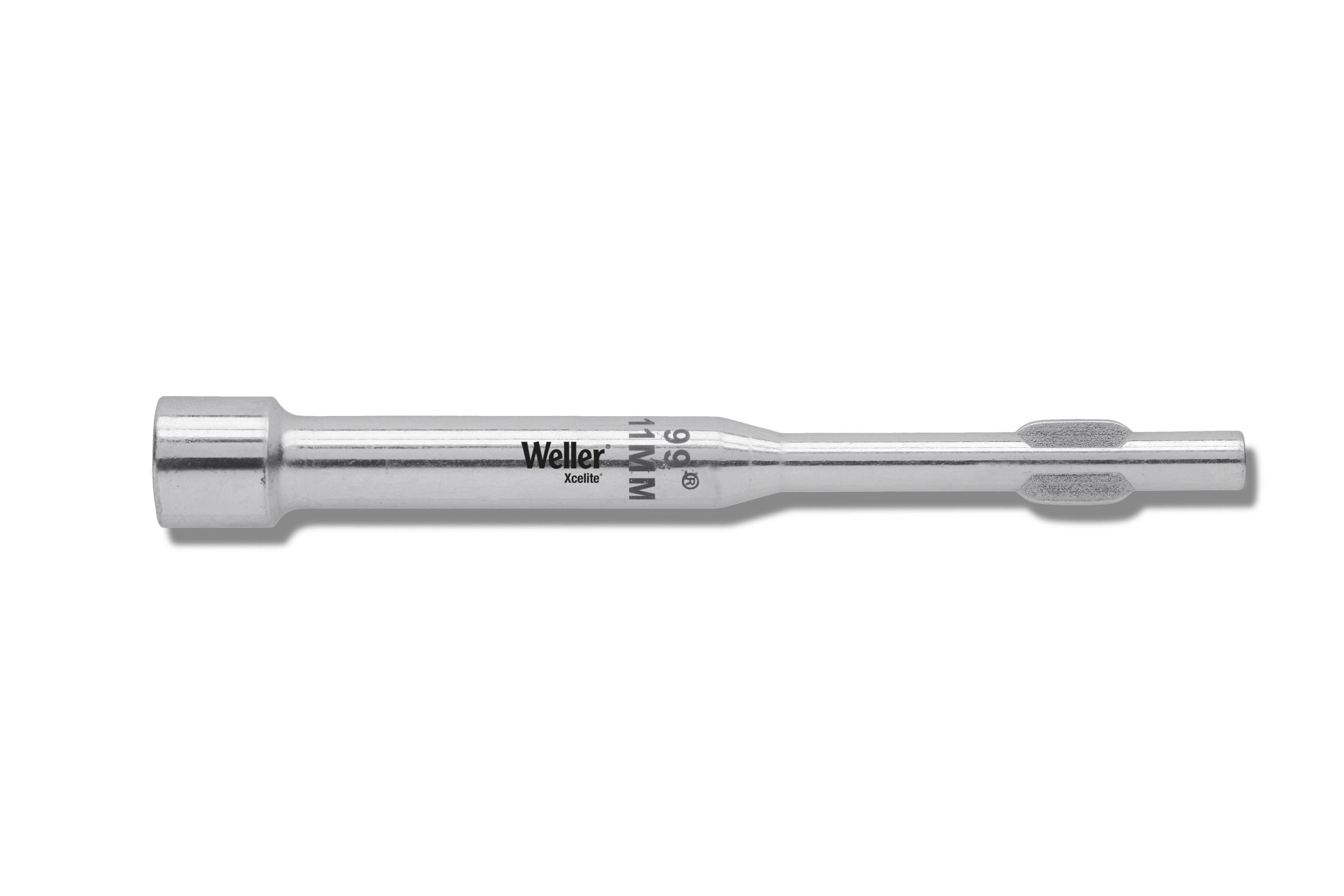 Strieborný skrutkovač Weller s hexagonálnym hriadeľom a zásuvkou na bielom pozadí.