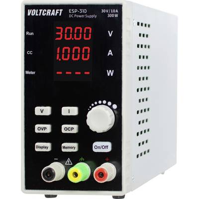 Predný panel zdroja jednosmerného prúdu VOLTCRAFT ESP-310 zobrazujúci 30,00 V a 1,000 A s viditeľnými tlačidlami ovládania, otočným gombíkom a výstupnými svorkami.