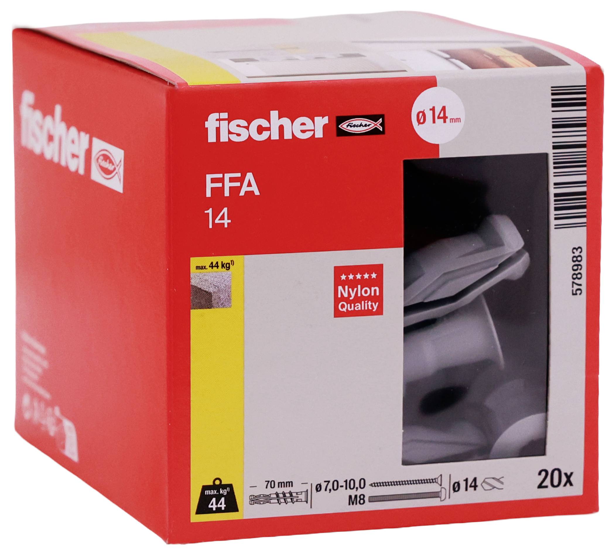 Červená krabica kotiev Red Fischer FFA 14 z nylonu, označená "14 mm" a "20x", s obrázkom produktu a nosnosťou "44 kg".