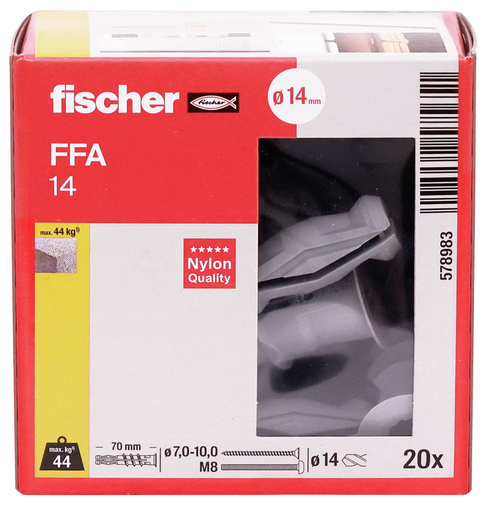 Balenie nitrovaných kotiev na stenu Fischer FFA 14, veľkosť Ø14 mm, 20 kusov, s nosnosťou až 44 kg a dĺžkou 70 mm.
