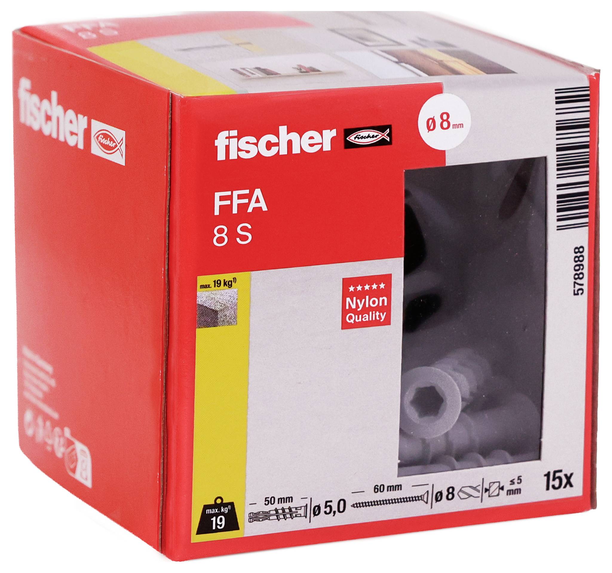 Červená kotvovacia krabica Fischer FFA 8 S z nylonu s priehľadným oknom, označená pre kotvy 8 mm, 15 kusov, max 19 kg.