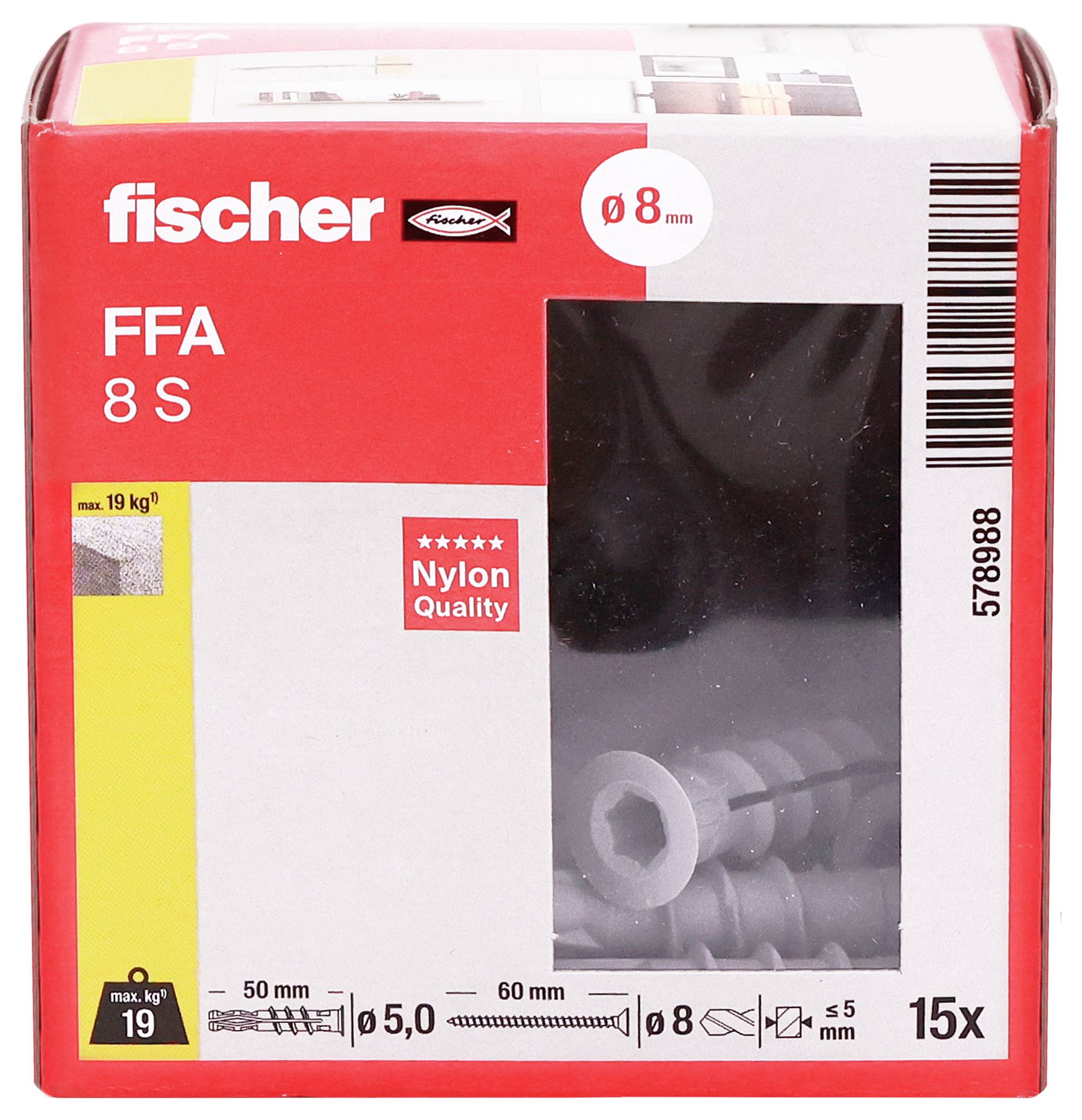 Balenie kotiev Fischer FFA 8 S z nylonu na stenu, Ø8 mm, 15 kusov, s označením nosnosti a veľkosti na balení.