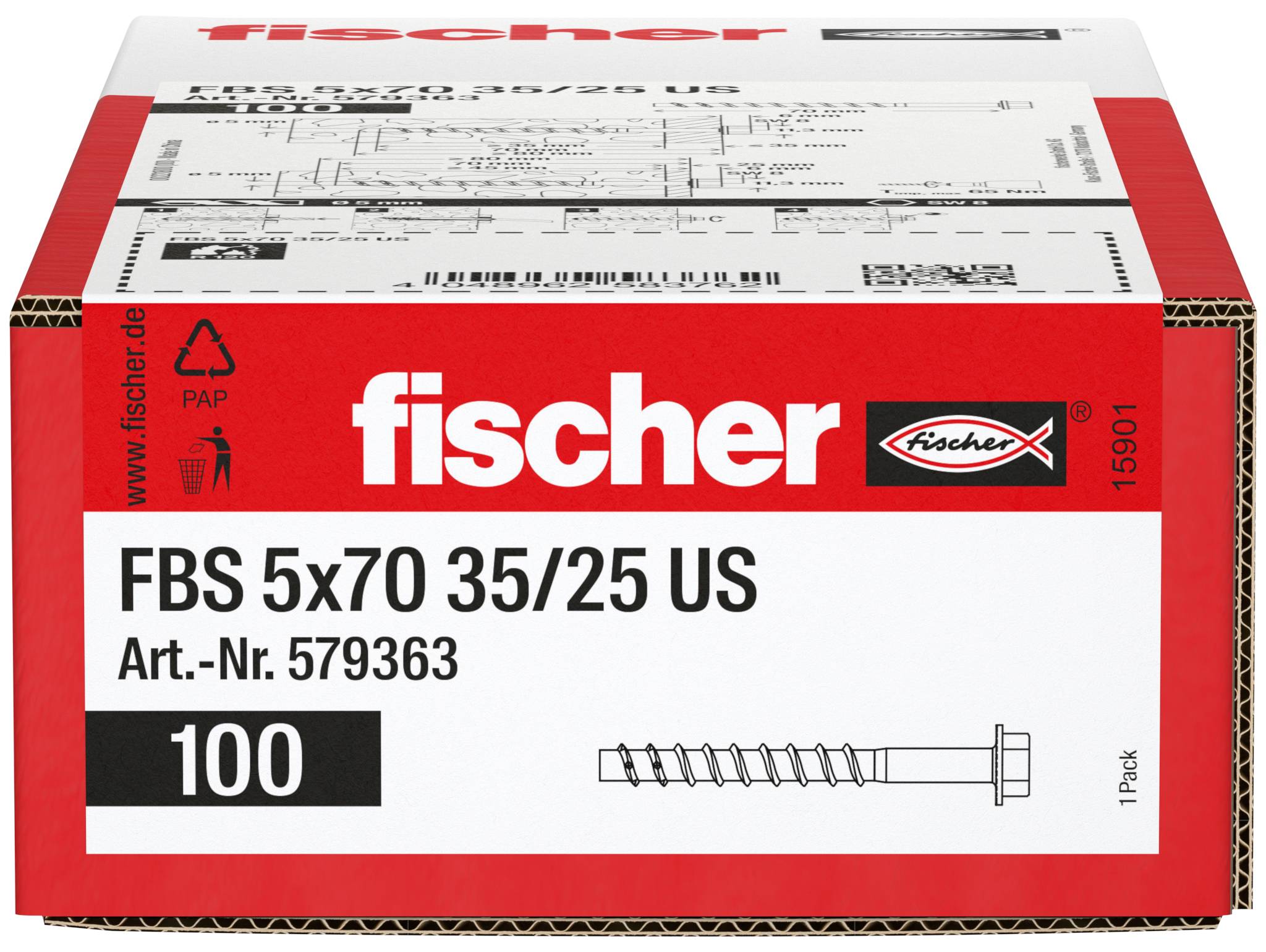 Krabica skrutiek Fischer FBS 5x70 35/25 US, označená Art.-Nr. 579363 a 100 kusov, s ilustráciou skrutky na prednej strane.