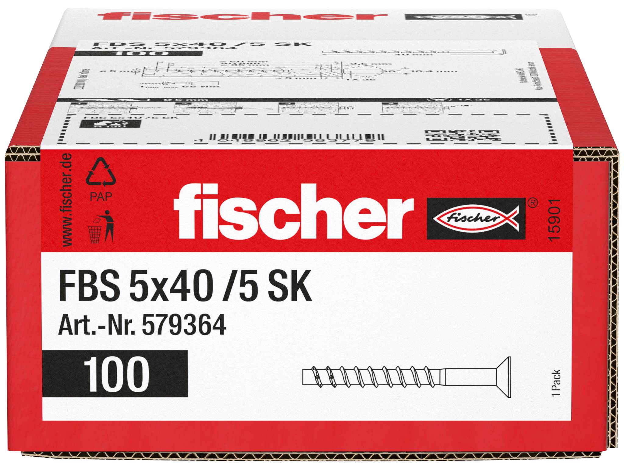 Balenie skrutiek fischer FBS 5x40/5 SK, Art.-č. 579364, balenie 100 kusov, zobrazené s ilustráciou skrutky.