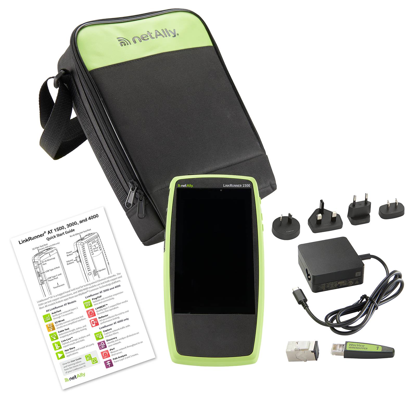 netAlly LinkRunner AT 1000 sada s prenosným skúšačom siete, prepravným puzdrom, napájacím adaptérom, vymeniteľnými zástrčkami, USB kábľom a rýchlym sprievodcom