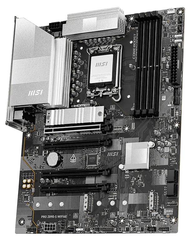 Doska MSI PRO Z790-S WIFI zobrazená zeshora s viditeľnou päťou procesora, slotmi pre RAM, slotmi PCIe, chladičmi a zadným I/O štítom.