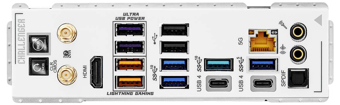Zadný I/O panel základnej dosky s dvoma PS/2 portami, HDMI, viacerými USB portami, Ethernetom, konektormi Wi-Fi antény a audio zásuvkami.