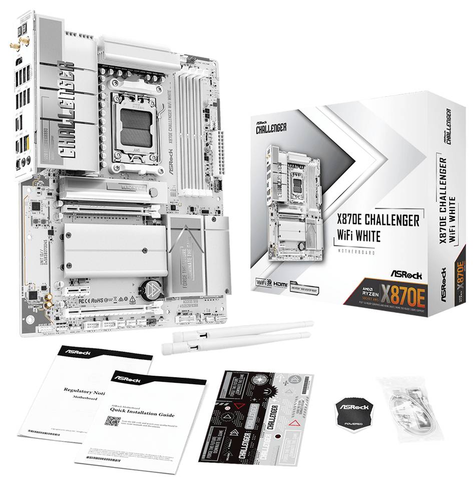Doska ASRock X870E Challenger WiFi White zobrazená s krabicou od predajcu a zahrnutými príslušenstvom: návodom, nálepkami, anténou a kabelmi.