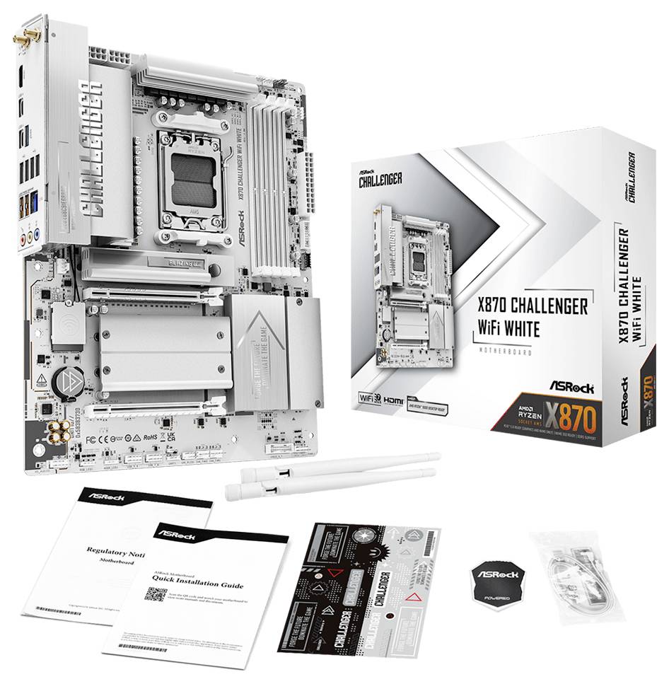 Základná doska ASRock X870 Challenger WiFi White zobrazená s maloobchodným balením, návodmi, anténou a príslušenstvom na bielom pozadí.