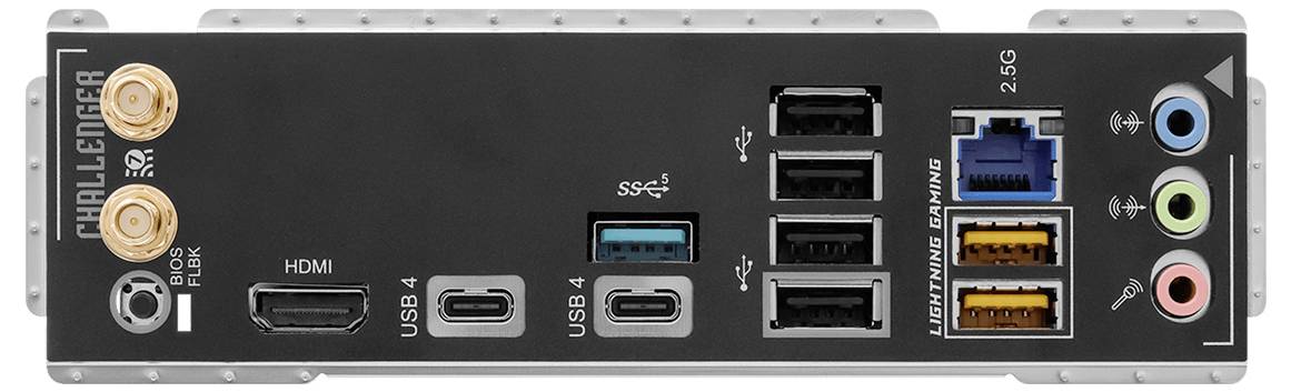 Zadný panel stolného základného logického krytu s portami označenými pre HDMI, USB 3.2, USB-C, Ethernet, audio zásuvky a konektory antén.