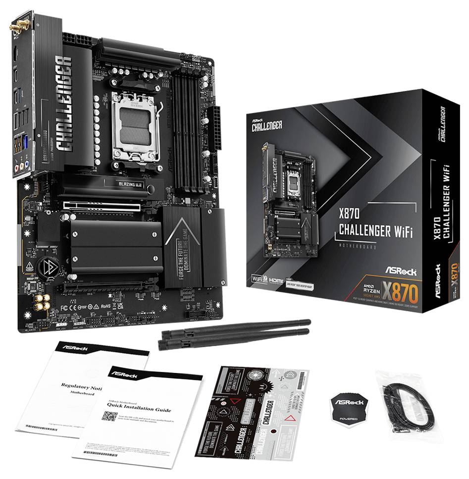 Doska ASRock X870 Challenger WiFi zobrazená s maloobchodným boxom, návodmi, odznakom, kábel a priložených príslušenstvom na bielom pozadí.