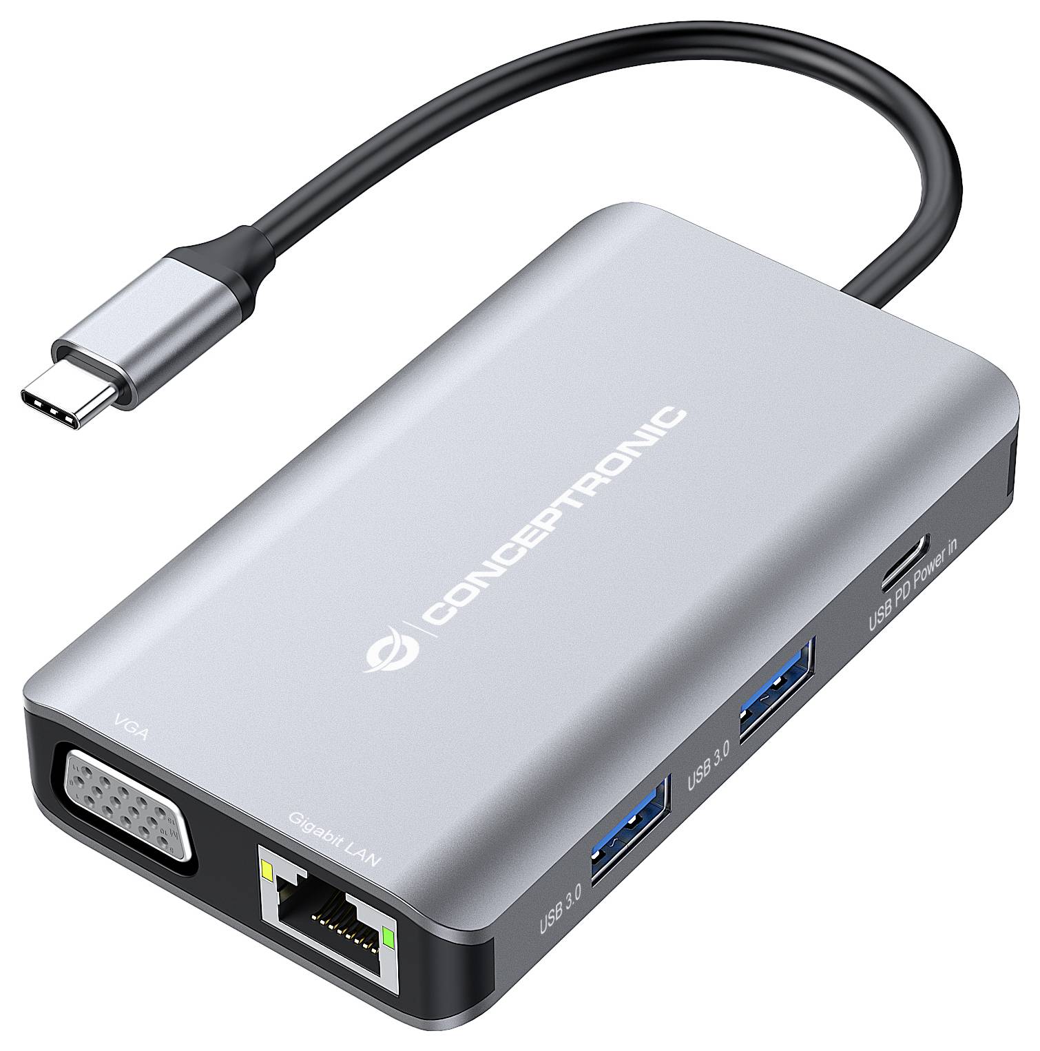 Концепттроник USB-C hub s VGA, Gigabit LAN, HDMI a USB 3.0 portmi zobrazený na bielom pozadí.