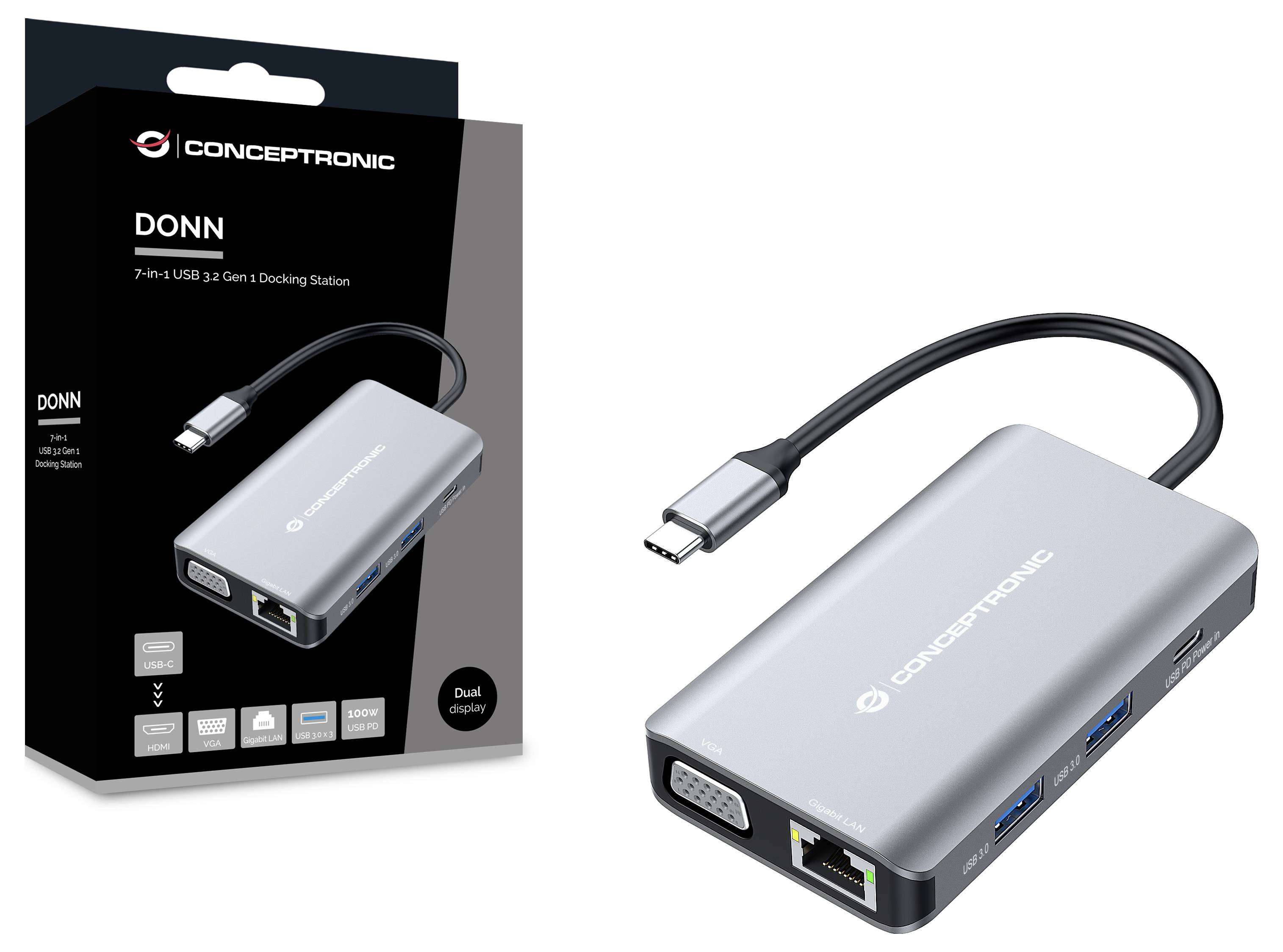 Concepttronic DONN 7v1 USB 3.2 Gen 1 dokovacia stanica s kábľom USB-C, HDMI, VGA, Ethernet, USB portami a podporou duálneho displeja