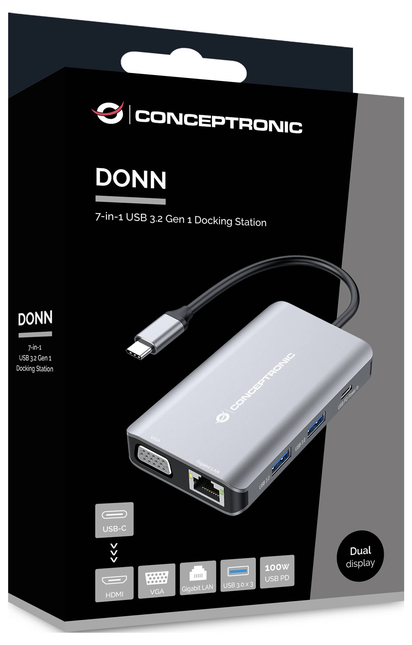 Concepttronic DONN 7-v-1 USB 3.2 Gen 1 dokovacia stanica, ktorá zobrazuje USB-C hub s HDMI, VGA, Gigabit LAN, USB portami a 100W USB PD.