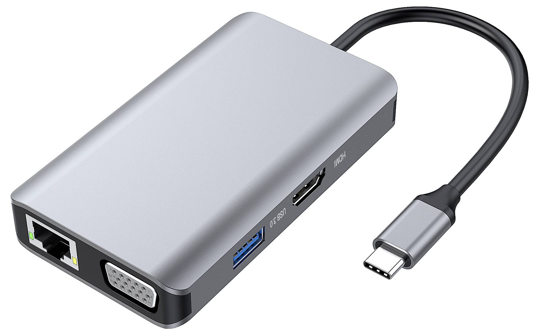 USB-C multiportový adaptér s Ethernet, VGA, USB-A a USB-C kablom na pripojenie notebooku k periférnemu vybaveniu a displejom