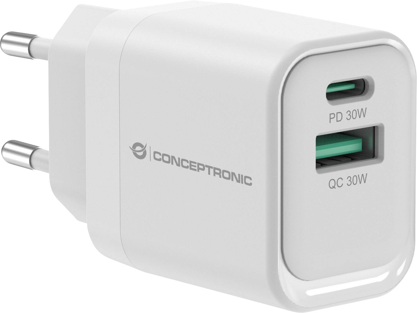 Biely cestovný nabíjací adaptér Concepttronic so dvoma USB portami, označený PD 30W a QC 30W, zobrazený s európskou zástrčkou