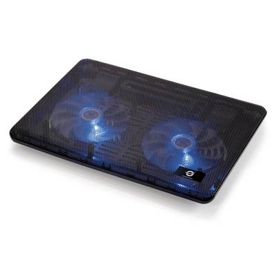 Chladiaca podložka na notebook s dvoma modrými podsvietanými ventilátormi pod čiernou sieťovanou krytkou