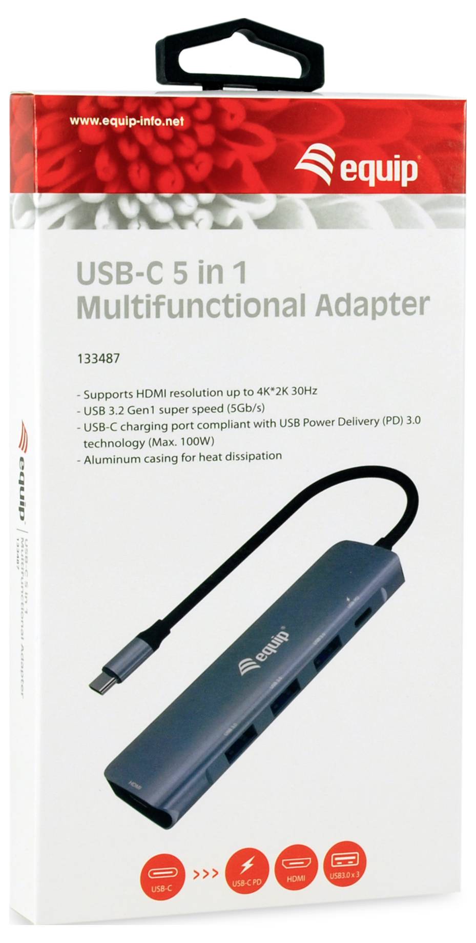 Maloobchodný box pre adaptér Equip USB-C 5v1 s viacerými funkciami, zobrazujúci modrý hub s portami USB-C, HDMI, Ethernet a USB portami a zoznamom funkcií.