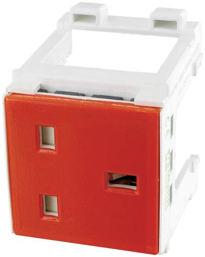 Červený elektrický nástenný modul s dvoma obdĺžnikovými otvormi, zobrazený v bielom plastovom montážnom ráme na jednoduchom pozadí.