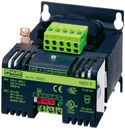 Elektrický riadiaci transformátor so zelenými svorkovnicami a označenými vstupmi napätia na čiernej jednotke Murrelektronik.