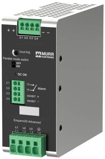 Priemyselný modul napájacieho zdroja Murr Elektronik so zelenými svorkovnicami, predným označením, indikátormi DC OK a alarmu a ovládacími prvkami pre nastavenie výstupu.